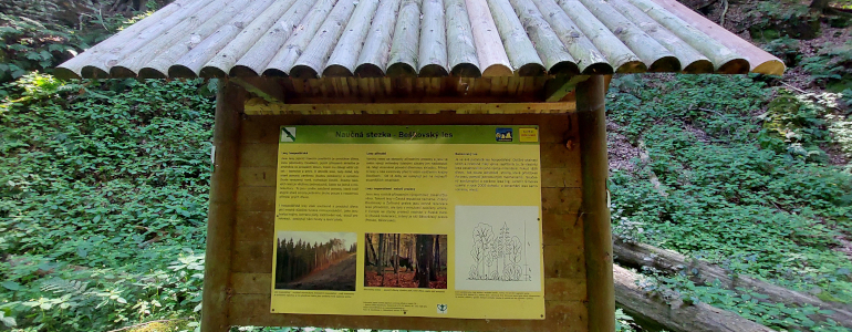 Opravená stříška stojanu naučné stezky Beškovský les.